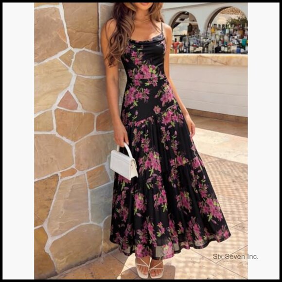 Mesh Spaghetti Strap Maxi Dress Floral Boho Beach Wedding Guest - Picture 3 of 7